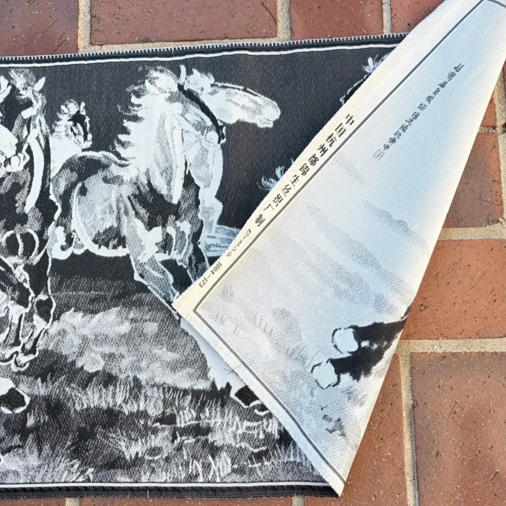 Vintage Chinese Woven Tapestry Galloping Horses Black White Wall Art 38x16